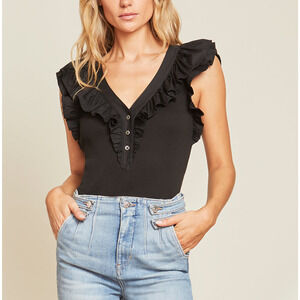 Veronica Beard 'Adrianna' Black Cotton Ruffled Rib Top Size S